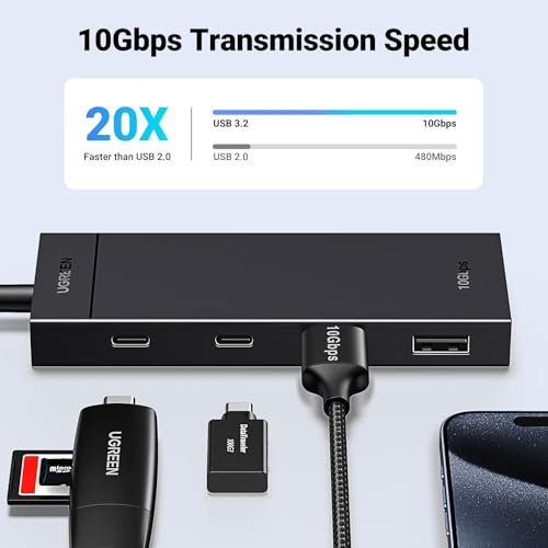 UGREEN 10Gbps USB C集線器。 4合1 USB 3.2分配器,帶2個C&A型埠,適用於PC筆記型電腦。 MacBook Air。 iPad。 iPhone 16/15 Pro最大表面。 更多(0.3M):圖片 2