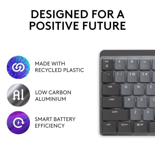 羅技Mx機械無線發光效能鍵盤。 線性開關。 背光按鍵。 藍牙。 USB-C。蘋果電腦。 窗戶。 Linux。 網間網作業系統。 安卓。 金屬。 石墨:圖片 5