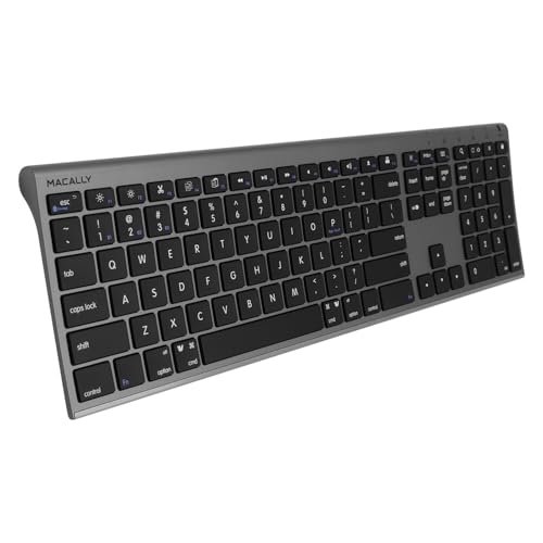 適用於Mac的Macally無線藍牙鍵盤-相容蘋果鍵盤或MacBook Pro/Air。 iMac-多設備。 最多3臺設備,配備110個按鍵。 20個快捷方式。 數位鍵盤。 可充電