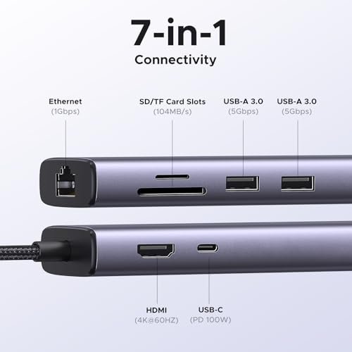 UGREEN Revodok 107 USB C集線器。 7合1底座,帶千兆乙太網。 4K@60Hz 高清多媒體介面(High Definition Multimedia Interface) 100W PD充電。 SD/TF讀卡器。 以及2個與MacBook相容的A類數據埠。 iPad。 iPhone 16/15 Pro Max:圖片 2