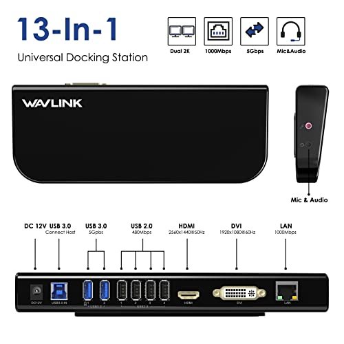 WAVLINK USB 3.0通用筆記型電腦擴展塢雙顯示器,帶HDMI和DVI/VGA,帶千兆乙太網。 6個USB埠。 筆記型電腦音訊。 超極本和PC。更高效的家庭辦公室:圖片 2