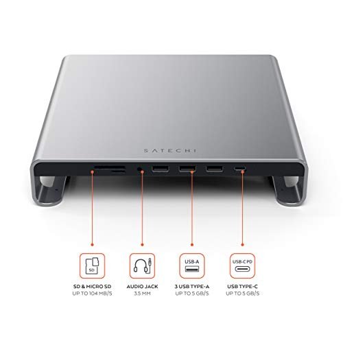 Satechi Type-C鋁制顯示器支架集線器,帶USB-C數據。 USB 3.0。 Micro/ SD卡插槽和3.5mm耳機插孔-適用於iMac M1。 iMac。 iMac Pro(太空灰):圖片 2