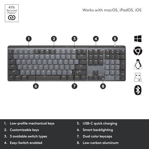 羅技Mx機械無線發光效能鍵盤。 線性開關。 背光按鍵。 藍牙。 USB-C。蘋果電腦。 窗戶。 Linux。 網間網作業系統。 安卓。 金屬。 石墨:圖片 7