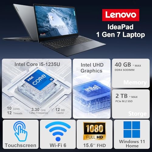 聯想IdeaPad 1i筆記型電腦。 15.6 FHD觸控式螢幕。 英特爾酷睿i5-1235U處理器。 16GB記憶體。512GB固態硬碟。 網絡監視器。 高清多媒體介面(High Definition Multimedia Interface) Wi-Fi 6。 Windows 11主頁。 藍色:圖片 2