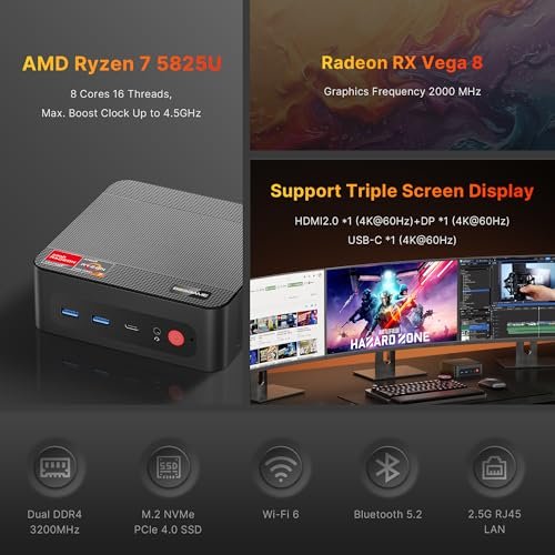 BOSGAME P4迷你PC Ryzen 7 5700U(高達4.5GHz.8C/16T)迷你電腦DDR4 16GB RAM 512GB M.2 PCIe NVMe SSD。 迷你PC Windows 11 Pro |雙2.5G RJ45局域網|HDMI&DP&USB-C |4K 60Hz |WiFi 6E:圖片 2
